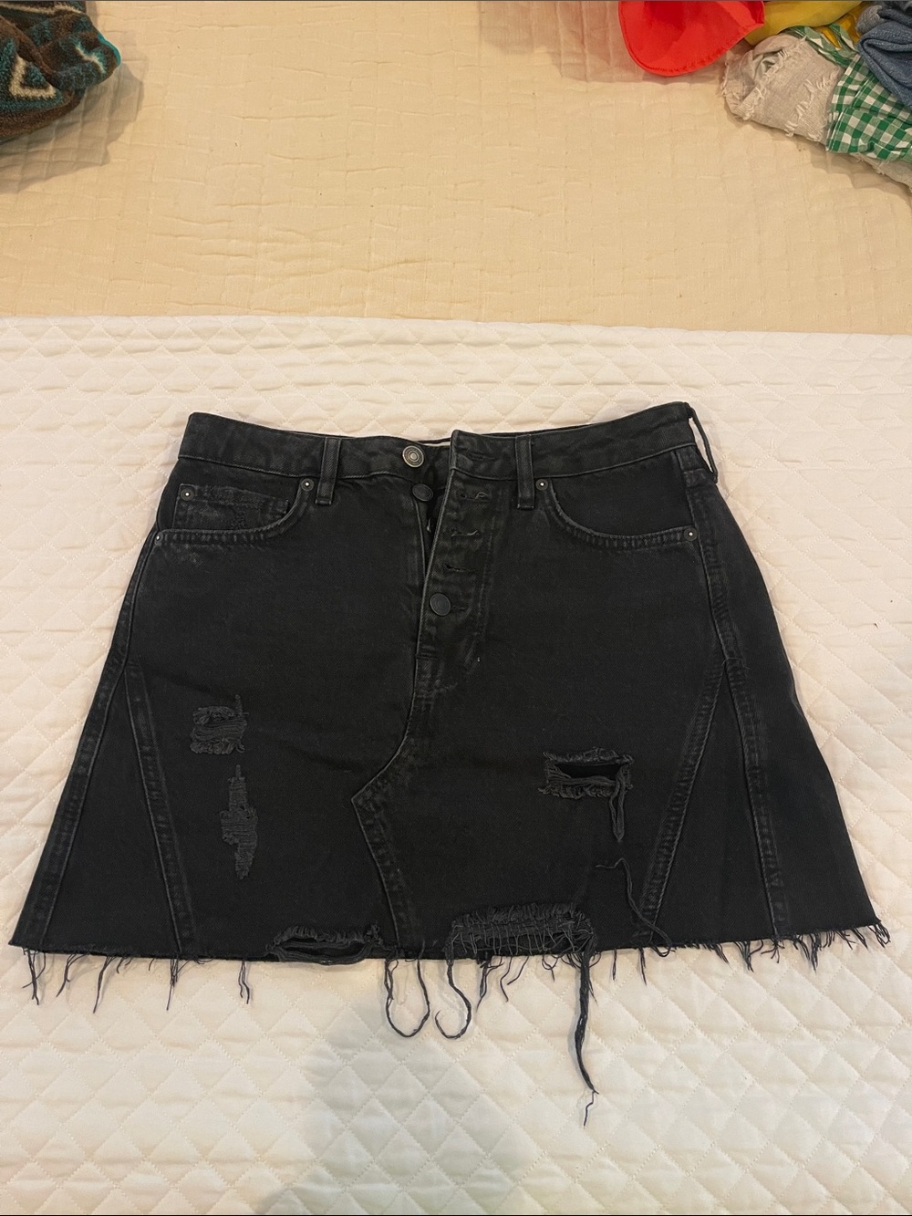 We The Free Black Distressed Denim Mini Skirt